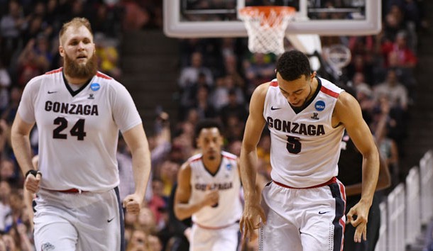 Mar 25, 2017; San Jose, CA, USA; Gonzaga Bulldogs guard Nigel Williams-Goss (5) reacts after a three-point basket against the Xavier Musketeers during the first half in the finals of the West Regional of the 2017 NCAA Tournament at SAP Center. Photo Credit: Kyle Terada-USA TODAY Sports