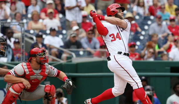 Apr 16, 2017; Washington, DC, USA; Washington Nationals right fielder Bryce Harper (34) hits a game-winning walk-off three run home run against the Philadelphia Phillies in the bottom of the ninth inning at Nationals Park. The Nationals won 6-4. Photo Credit: Geoff Burke-USA TODAY Sports