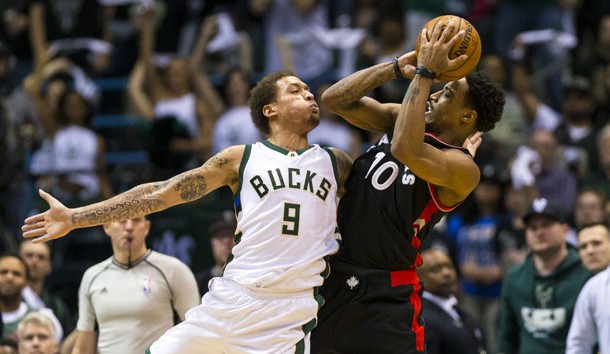 Apr 22, 2017; Milwaukee, WI, USA; Milwaukee Bucks forward Michael Beasley (9) defends Toronto Raptors guard DeMar DeRozan (10) during the fourth quarter in game four of the first round of the 2017 NBA Playoffs at BMO Harris Bradley Center. Photo Credit: Jeff Hanisch-USA TODAY Sports