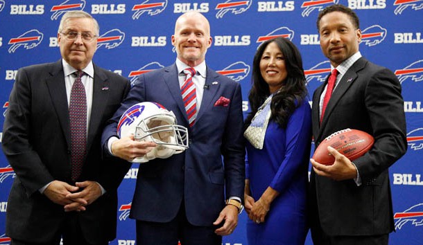 Jan 13, 2017; Orchard Park, NY, USA; Buffalo Bills owner Terry Pegula (left), head coach Sean McDermott, owner Kim Pegula and general manager Doug Whaley (with football) after a press conference at AdPro Sports Training Center. Photo Credit: Kevin Hoffman-USA TODAY Sports