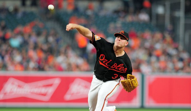 Apr 21, 2017; Baltimore, MD, USA; Baltimore Orioles pitcher Dylan Bundy (37) throws a pitch in the third inning against the Boston Red Sox at Oriole Park at Camden Yards. Mandatory Credit: Evan Habeeb-USA TODAY Sports