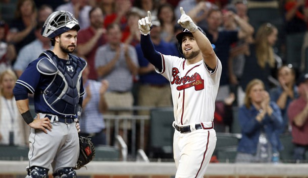 Apr 14, 2017; Atlanta, GA, USA; Atlanta Braves center fielder Ender Inciarte (11) celebrates his two-run home run against the San Diego Padres during the sixth inning of the first MLB game at SunTrust Park. Photo Credit: Brett Davis-USA TODAY Sports
