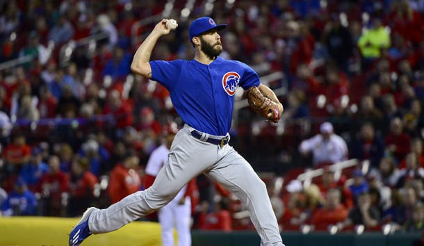 Apr 4, 2017; St. Louis, MO, USA; Chicago Cubs starting pitcher Jake Arrieta (49) pitches to a St. Louis Cardinals batter during the first inning at Busch Stadium. Photo Credit: Jeff Curry-USA TODAY Sports