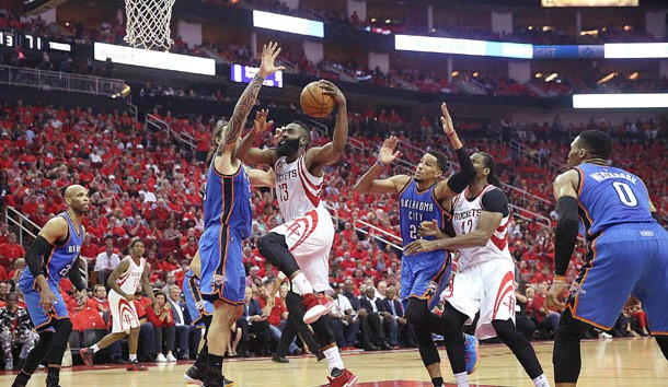 Apr 25, 2017; Houston, TX, USA; Houston Rockets guard James Harden (13) drives against Oklahoma City Thunder center Steven Adams (12) in the second half in game five of the first round of the 2017 NBA Playoffs at Toyota Center. Houston Rockets won 105 to 99 . Photo Credit: Thomas B. Shea-USA TODAY Sports