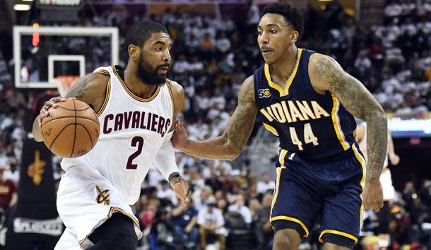 Apr 17, 2017; Cleveland, OH, USA; Cleveland Cavaliers guard Kyrie Irving (2) drives to the basket against Indiana Pacers guard Jeff Teague (44) during the second half in game two of the first round of the 2017 NBA Playoffs at Quicken Loans Arena. The Cavs won 117-111. Photo Credit: Ken Blaze-USA TODAY Sports