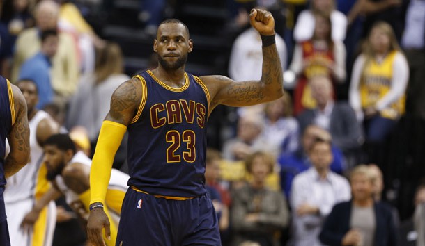 Apr 23, 2017; Indianapolis, IN, USA;  Cleveland Cavaliers forward LeBron James (23) reacts after making a free throw to clinch the win after making a free throw with one second to go against the Indiana Pacers in game four of the first round of the 2017 NBA Playoffs at Bankers Life Fieldhouse. Cleveland defeats Indiana 106-102. Photo Credit: Brian Spurlock-USA TODAY Sports