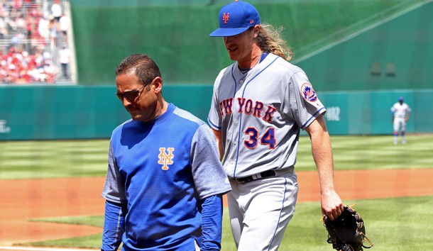 Apr 30, 2017; Washington, DC, USA; New York Mets starting pitcher Noah Syndergaard (34) walks off the field after an apparent injury against the Washington Nationals in the second inning at Nationals Park. Mandatory Credit: Geoff Burke-USA TODAY Sports