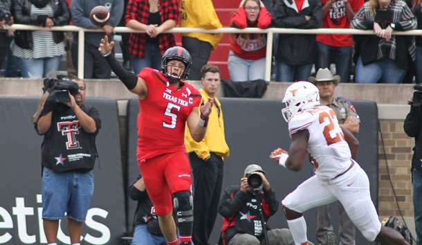 Nov 5, 2016; Lubbock, TX, USA;  Texas Tech Red Raiders quarterback Patrick Mahomes (5) throws a pass against the University of Texas Longhorns in the second half at Jones AT&T Stadium. UT defeated Texas Tech 45-37.  Photo Credit: Michael C. Johnson-USA TODAY Sports