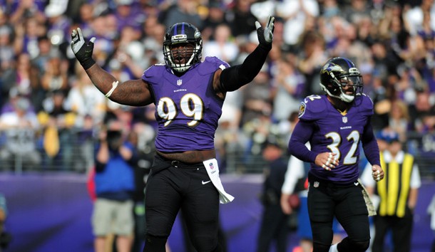 Nov 6, 2016; Baltimore, MD, USA; Baltimore Ravens defensive tackle Timmy Jernigan (99) reacts after a third down stop in the first quarter against the Pittsburgh Steelers at M&T Bank Stadium. Mandatory Credit: Evan Habeeb-USA TODAY Sports