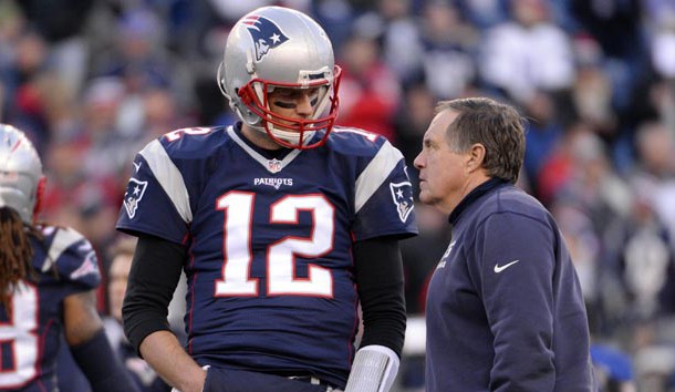 Jan 16, 2016; Foxborough, MA, USA; New England Patriots quarterback Tom Brady (12) talks with New England Patriots head coach Bill Belichick before the game against the Kansas City Chiefs in the AFC Divisional round playoff game at Gillette Stadium. Photo Credit: Robert Deutsch-USA TODAY Sports
