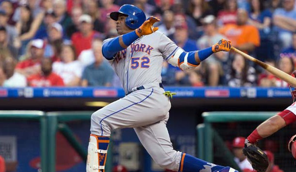 Apr 11, 2017; Philadelphia, PA, USA; New York Mets left fielder Yoenis Cespedes (52) hits a three RBI home run against the Philadelphia Phillies during the first inning at Citizens Bank Park. Photo Credit: Bill Streicher-USA TODAY Sports