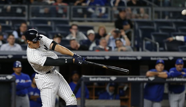 May 2, 2017; Bronx, NY, USA;  New York Yankees right fielder Aaron Judge (99) hits a home run against the Toronto Blue Jays in the seventh inning at Yankee Stadium. Photo Credit: Noah K. Murray-USA TODAY Sports