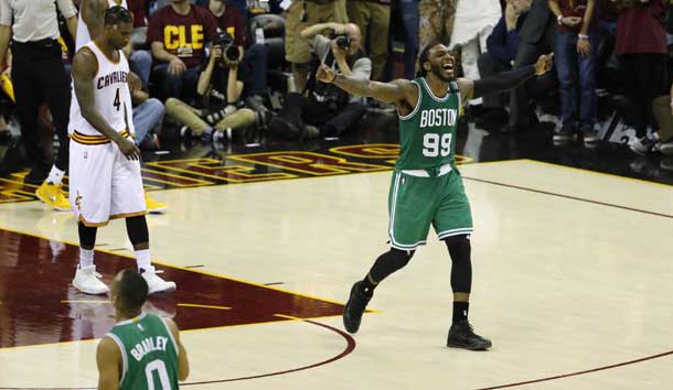 May 21, 2017; Cleveland, OH, USA; Boston Celtics forward Jae Crowder (99) celebrates a three point basket by guard Avery Bradley (not pictured) in the fourth quarter against Cleveland Cavaliers in game three of the Eastern conference finals of the NBA Playoffs at Quicken Loans Arena. Photo Credit: Rick Osentoski-USA TODAY Sports