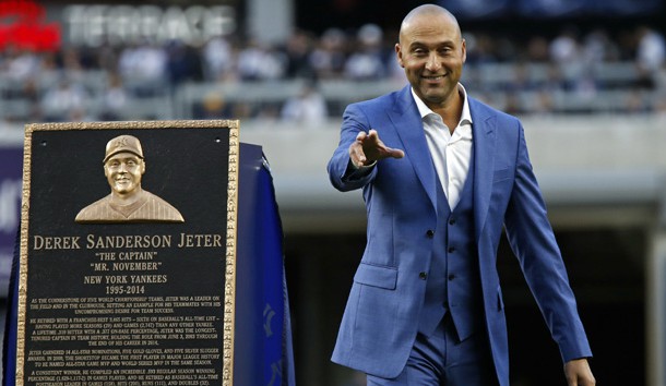 May 14, 2017; Bronx, NY, USA; Former New York Yankees shortstop Derek Jeter waves to the crowd after being honored during a pre-game ceremony to retire his jersey number and unveil his plaque for monument park before the game against the Houston Astros at Yankee Stadium. Photo Credit: Adam Hunger-USA TODAY Sports