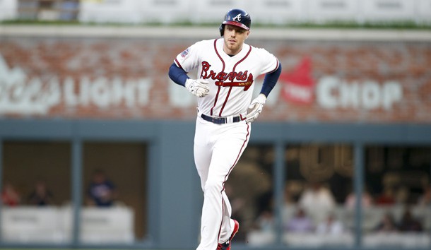 Atlanta Braves first baseman Freddie Freeman (5) rounds second on a home run against the New York Mets in the first inning at SunTrust Park. Photo Credit: Brett Davis-USA TODAY Sports
