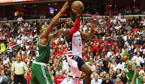 May 7, 2017; Washington, DC, USA; Washington Wizards guard John Wall (2) shoots as Boston Celtics guard Marcus Smart (36) defends during the third quarter in game four of the second round of the 2017 NBA Playoffs at Verizon Center. Photo Credit: Brad Mills-USA TODAY Sports