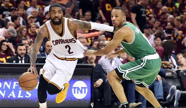 May 21, 2017; Cleveland, OH, USA; Cleveland Cavaliers guard Kyrie Irving (2) drives to the basket against Boston Celtics guard Avery Bradley (0) during the second half in game three of the Eastern conference finals of the NBA Playoffs at Quicken Loans Arena. Photo Credit: Ken Blaze-USA TODAY Sports