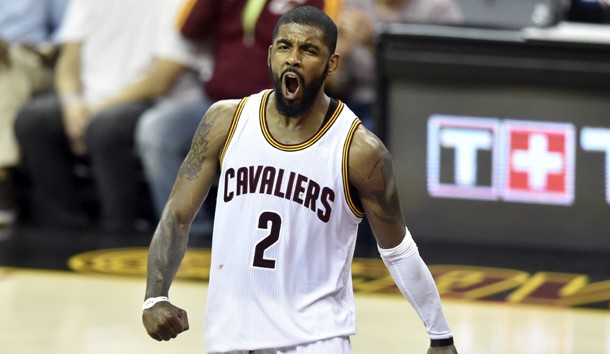 May 23, 2017; Cleveland, OH, USA; Cleveland Cavaliers guard Kyrie Irving (2) reacts after making a three-point basket at the end of the third quarter against the Boston Celtics in game four of the Eastern conference finals of the NBA Playoffs at Quicken Loans Arena. Photo Credit: David Richard-USA TODAY Sports