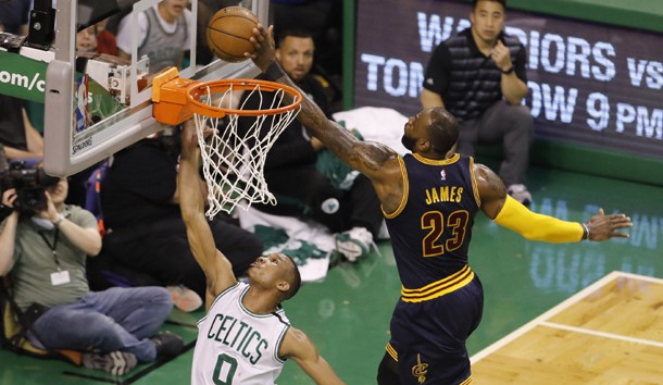 May 19, 2017; Boston, MA, USA; Cleveland Cavaliers forward LeBron James (23) blocks the shot of Boston Celtics guard Avery Bradley (0) during the first quarter in game two of the Eastern conference finals of the NBA Playoffs at TD Garden. Photo Credit: David Butler II-USA TODAY Sports