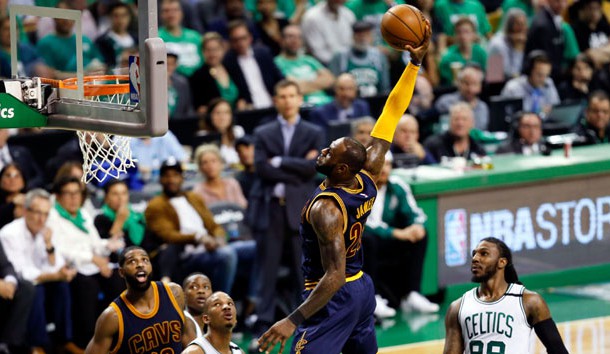 May 25, 2017; Boston, MA, USA; Cleveland Cavaliers forward LeBron James (23) dunks and scores against the Boston Celtics during the third quarter of game five of the Eastern conference finals of the NBA Playoffs at the TD Garden. Photo Credit: Greg M. Cooper-USA TODAY Sports