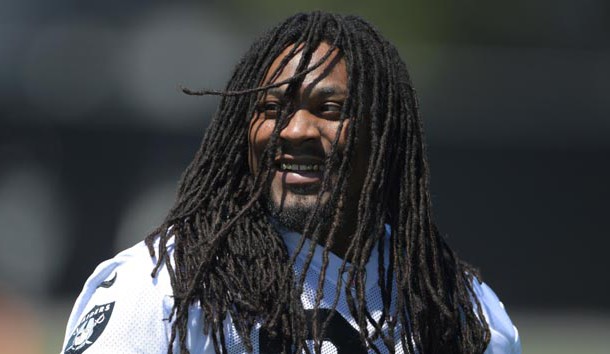 May 23, 2017; Alameda, CA, USA; Oakland Raiders running back Marshawn Lynch (24) reacts during organized team activities at the Raiders practice facility. Photo Credit: Kirby Lee-USA TODAY Sports