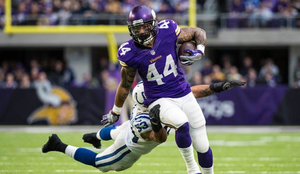 Dec 18, 2016; Minneapolis, MN, USA; Minnesota Vikings running back Matt Asiata (44) breaks a tackle from Indianapolis Colts linebacker Deiontrez Mount (53) during the third quarter at U.S. Bank Stadium. The Colts defeated the Vikings 34-6. Photo Credit: Brace Hemmelgarn-USA TODAY Sports