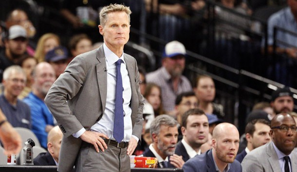 Mar 11, 2017; San Antonio, TX, USA; Golden State Warriors head coach Steve Kerr watches from the sidelines during the first half against the San Antonio Spurs at AT&T Center. Photo Credit: Soobum Im-USA TODAY Sports