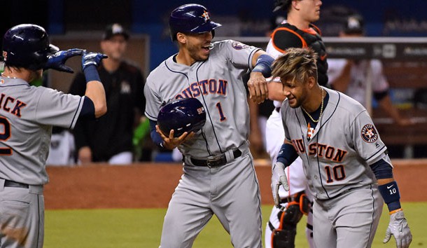 May 15, 2017; Miami, FL, USA; Houston Astros first baseman Yuli Gurriel (10) celebrates with teammates after hitting a grand slam home run in the sixth inning against the Miami Marlins at Marlins Park. Photo Credit: Jasen Vinlove-USA TODAY Sports