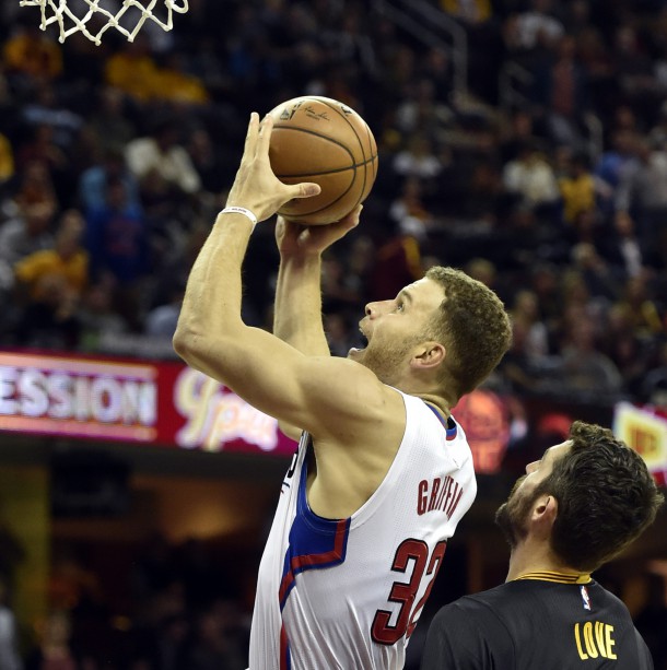 Dec 1, 2016; Cleveland, OH, USA; LA Clippers forward Blake Griffin (32) drives against Cleveland Cavaliers forward Kevin Love (0) in the third quarter at Quicken Loans Arena. Photo Credit: David Richard-USA TODAY Sports