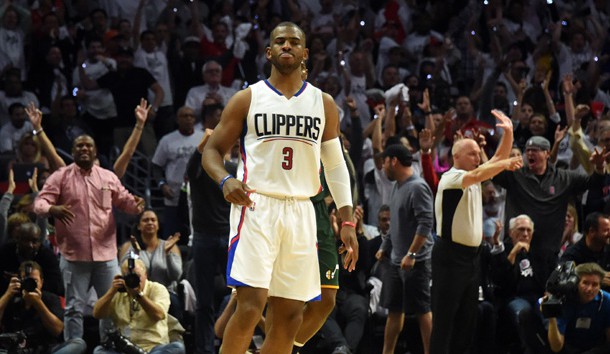 April 25, 2017; Los Angeles, CA, USA; Los Angeles Clippers guard Chris Paul (3) reacts after he scores a basket against the Utah Jazz during the second half in game five of the first round of the 2017 NBA Playoffs at Staples Center. Photo Credit: Richard Mackson-USA TODAY Sports