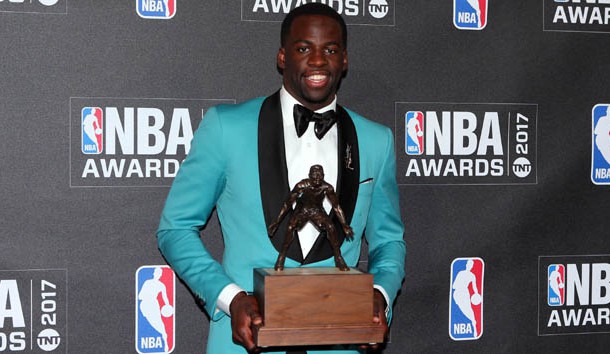 Jun 26, 2017; New York, NY, USA; Golden State Warriors player Draymond Green poses for photos with his defensive player of the year award during the 2017 NBA Awards at Basketball City at Pier 36. Photo Credit: Brad Penner-USA TODAY Sports