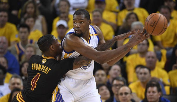 Jun 4, 2017; Oakland, CA, USA; Cleveland Cavaliers guard Iman Shumpert (4) knocks the ball away from Golden State Warriors forward Kevin Durant (35) during the first half in game two of the 2017 NBA Finals at Oracle Arena. Photo Credit: Kyle Terada-USA TODAY Sports