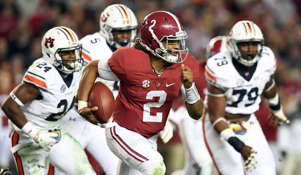 Nov 26, 2016; Tuscaloosa, AL, USA;  Alabama Crimson Tide quarterback Jalen Hurts (2) scrambles up the field against the Auburn Tigers during the fourth quarter at Bryant-Denny Stadium. Alabama defeated the Auburn Tigers 30-12. Photo Credit: John David Mercer-USA TODAY Sports