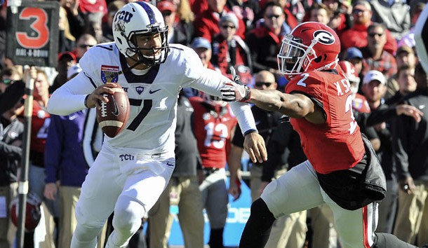 Dec 30, 2016; Memphis, TN, USA; Georgia Bulldogs defensive back Maurice Smith (2) pressures TCU Horned Frogs quarterback Kenny Hill (7) during the first half  at Liberty Bowl. Photo Credit: Justin Ford-USA TODAY Sports