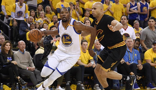 Jun 12, 2017; Oakland, CA, USA; Golden State Warriors forward Kevin Durant (35) drives past Cleveland Cavaliers forward Richard Jefferson (24) during the first half in game five of the 2017 NBA Finals at Oracle Arena. Photo Credit: Kyle Terada-USA TODAY Sports
