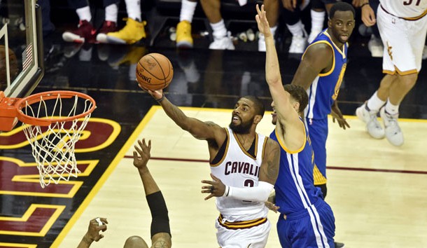 Jun 9, 2017; Cleveland, OH, USA; Cleveland Cavaliers guard Kyrie Irving (2) shoots the ball against Golden State Warriors forward David West (3) during the second quarter in game four of the Finals for the 2017 NBA Playoffs at Quicken Loans Arena. Photo Credit: David Richard-USA TODAY Sports