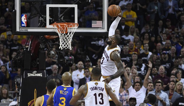 Jun 9, 2017; Cleveland, OH, USA; Cleveland Cavaliers forward LeBron James (23) dunks against the Golden State Warriors during the first half in game four of the 2017 NBA Finals at Quicken Loans Arena. Photo Credit: Kyle Terada-USA TODAY Sports