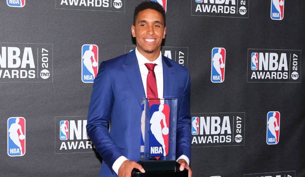 Jun 26, 2017; New York, NY, USA; Milwaukee Bucks player Malcolm Brogdon poses for photos in the press room with his rookie of the year award during the 2017 NBA Awards at Basketball City at Pier 36. Photo Credit: Brad Penner-USA TODAY Sports