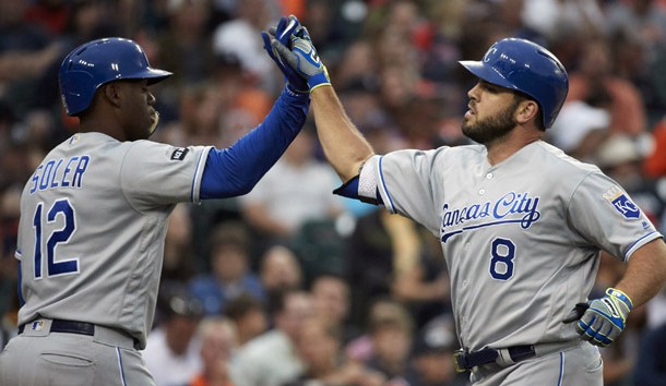 Jun 28, 2017; Detroit, MI, USA; Kansas City Royals third baseman Mike Moustakas (8) receives congratulations from designated hitter Jorge Soler (12) after he hits a home run in the fourth inning against the Detroit Tigers at Comerica Park. Photo Credit: Rick Osentoski-USA TODAY Sports