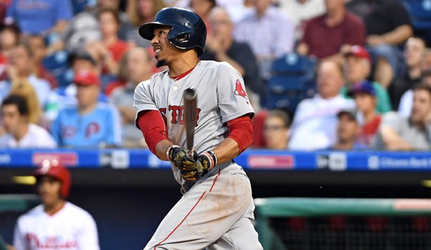 Jun 14, 2017; Philadelphia, PA, USA; Boston Red Sox right fielder Mookie Betts (50) watches his solo home run during the fourth inning against the Philadelphia Phillies at Citizens Bank Park. The Red Sox defeated the Phillies, 7-3. Photo Credit: Eric Hartline-USA TODAY Sports