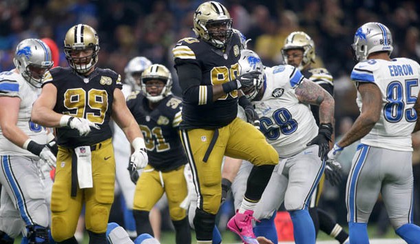 Dec 4, 2016; New Orleans, LA, USA;  New Orleans Saints defensive tackle Nick Fairley (90) celebrates tackling Detroit Lions quarterback Matthew Stafford (9) in the first quarter at Mercedes-Benz Superdome. Photo Credit: Crystal LoGiudice-USA TODAY Sports