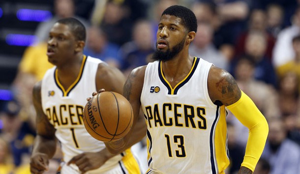 Apr 12, 2017; Indianapolis, IN, USA; Indiana Pacers forward Paul George (13) brings the ball up court against the Atlanta Hawks at Bankers Life Fieldhouse. Photo Credit: Brian Spurlock-USA TODAY Sports