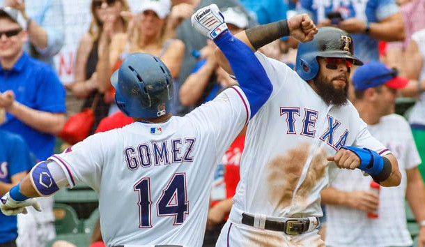 Jun 22, 2017; Arlington, TX, USA; Texas Rangers center fielder Carlos Gomez (14) is greeted by second baseman Rougned Odor (12) after hitting a three run home run Toronto Blue Jays in the bottom the third inning at Globe Life Park in Arlington. Photo Credit: Ray Carlin-USA TODAY Sports