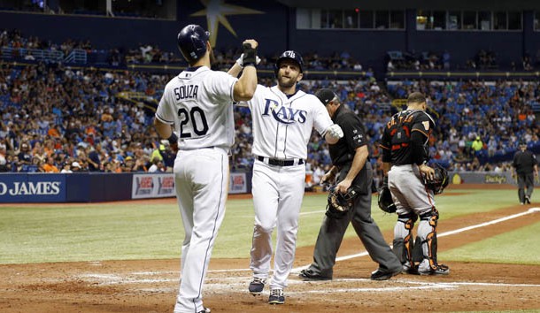 Jun 23, 2017; St. Petersburg, FL, USA; Tampa Bay Rays left fielder Shane Peterson (2) is congratulated  by right fielder Steven Souza Jr. (20) as he hit a home run during the second inning against the Baltimore Orioles  at Tropicana Field. Photo Credit: Kim Klement-USA TODAY Sports