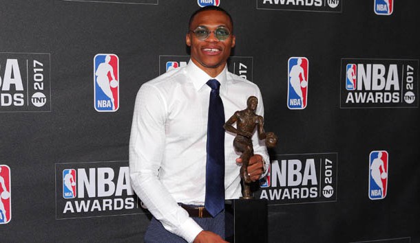 Jun 26, 2017; New York, NY, USA; Oklahoma City Thunder player Russell Westbrook poses for photos with his 2017 NBA most valuable player award during the 2017 NBA Awards at Basketball City at Pier 36. Photo Credit: Brad Penner-USA TODAY Sports
