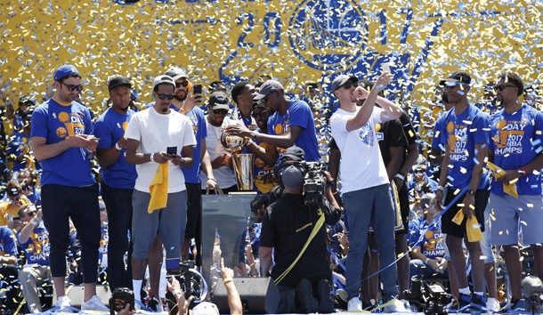 Jun 15, 2017; Oakland, CA, USA; The Golden State Warriors celebrate during the Warriors 2017 championship victory parade in downtown Oakland. Photo Credit: Cary Edmondson-USA TODAY Sports