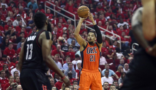 Apr 16, 2017; Houston, TX, USA; Oklahoma City Thunder forward Andre Roberson (21) shoots the ball during the second quarter against the Houston Rockets in game one of the first round of the 2017 NBA Playoffs at Toyota Center. Photo Credit: Troy Taormina-USA TODAY Sports