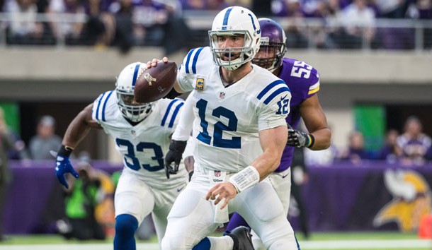 Dec 18, 2016; Minneapolis, MN, USA; Indianapolis Colts quarterback Andrew Luck (12) carries the ball during the first quarter against the Minnesota Vikings at U.S. Bank Stadium. Photo Credit: Brace Hemmelgarn-USA TODAY Sports