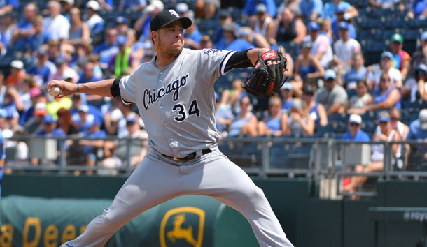 Jul 23, 2017; Kansas City, MO, USA; Chicago White Sox relief pitcher Anthony Swarzak (34) delivers a pitch in the fifth inning against the Kansas City Royals at Kauffman Stadium. Photo Credit: Denny Medley-USA TODAY Sports