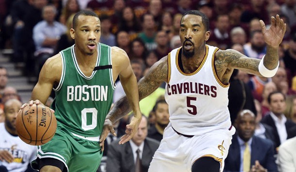 May 23, 2017; Cleveland, OH, USA; Boston Celtics guard Avery Bradley (0) drives to the basket against Cleveland Cavaliers guard JR Smith (5) during the first quarter in game four of the Eastern conference finals of the NBA Playoffs at Quicken Loans Arena. Photo Credit: Ken Blaze-USA TODAY Sports